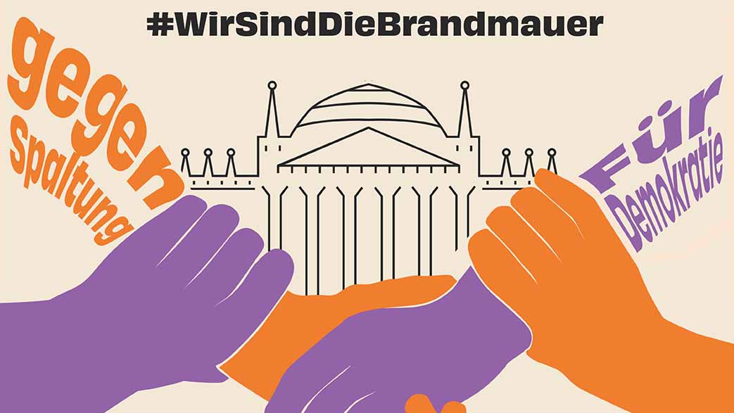 Grafik: Zwei Hände greifen vor dem Reichstagsgebäude ineinander. Dazu der Text Für Demokratie, gegen Spaltung